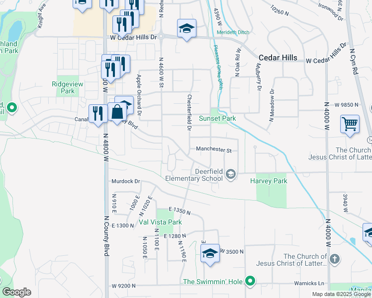 map of restaurants, bars, coffee shops, grocery stores, and more near 9691 Chesterfield Drive in Cedar Hills
