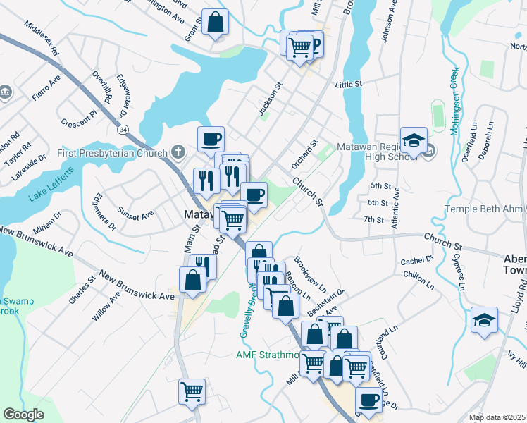 map of restaurants, bars, coffee shops, grocery stores, and more near 249 Broad Street in Matawan