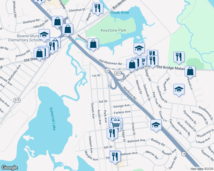 map of restaurants, bars, coffee shops, grocery stores, and more near 84 Park Avenue in Old Bridge