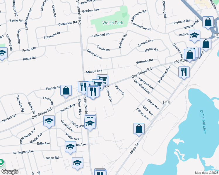 map of restaurants, bars, coffee shops, grocery stores, and more near 43 Stage Road in Spotswood