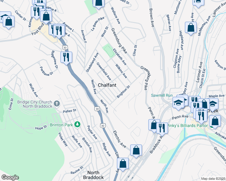 map of restaurants, bars, coffee shops, grocery stores, and more near 124 Greenfield Avenue in East Pittsburgh