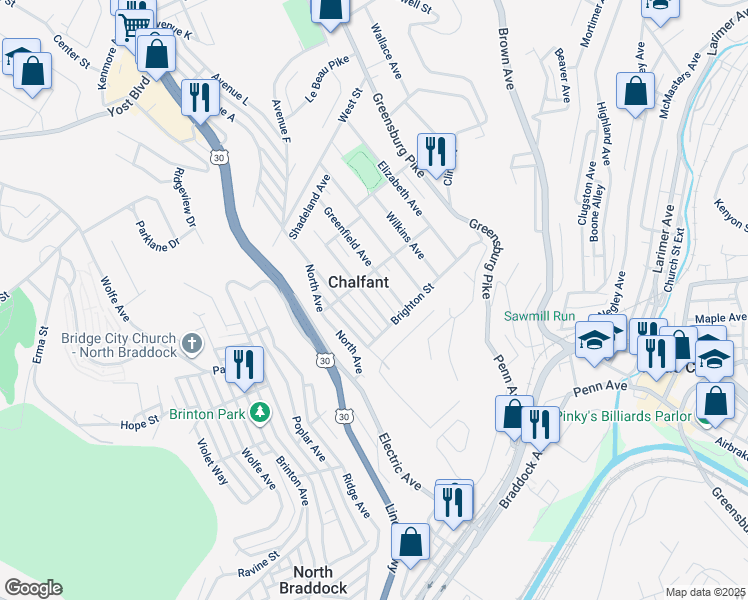 map of restaurants, bars, coffee shops, grocery stores, and more near in Chalfant