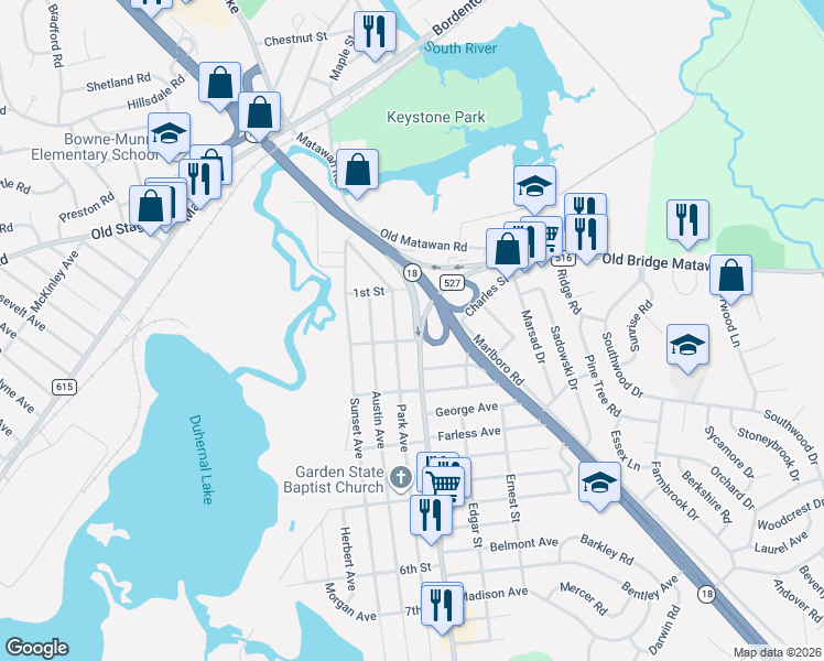 map of restaurants, bars, coffee shops, grocery stores, and more near 84 Park Avenue in Old Bridge