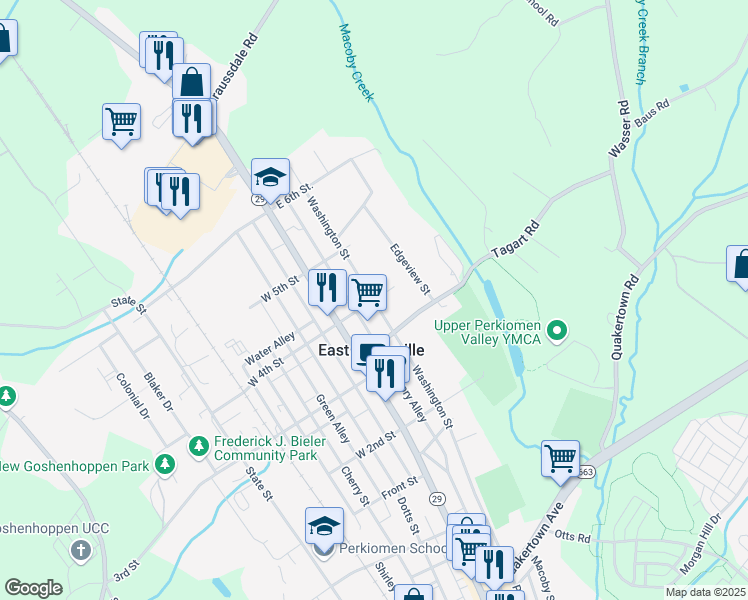 map of restaurants, bars, coffee shops, grocery stores, and more near 399 Washington Street in East Greenville
