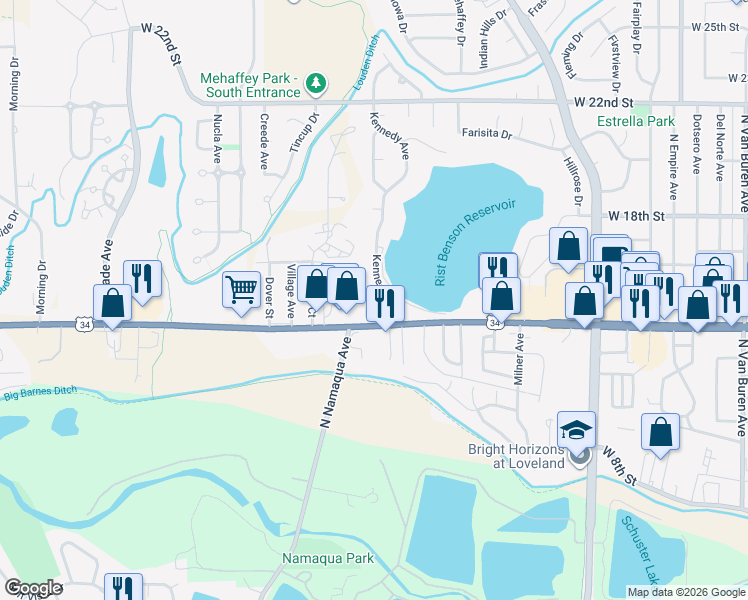 map of restaurants, bars, coffee shops, grocery stores, and more near 3043 Maryland Place in Loveland