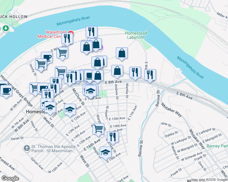 map of restaurants, bars, coffee shops, grocery stores, and more near 628 East 9th Avenue in Munhall