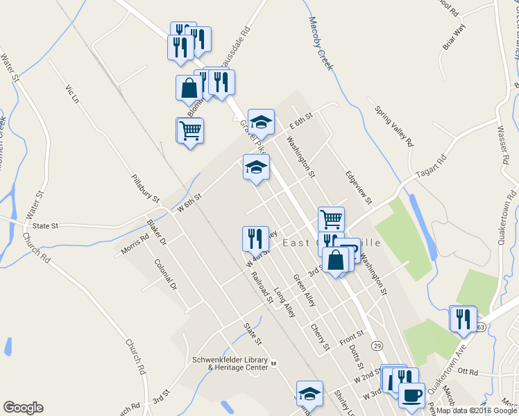 map of restaurants, bars, coffee shops, grocery stores, and more near 452 Jefferson Street in East Greenville