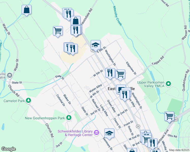 map of restaurants, bars, coffee shops, grocery stores, and more near 452 Jefferson Street in East Greenville