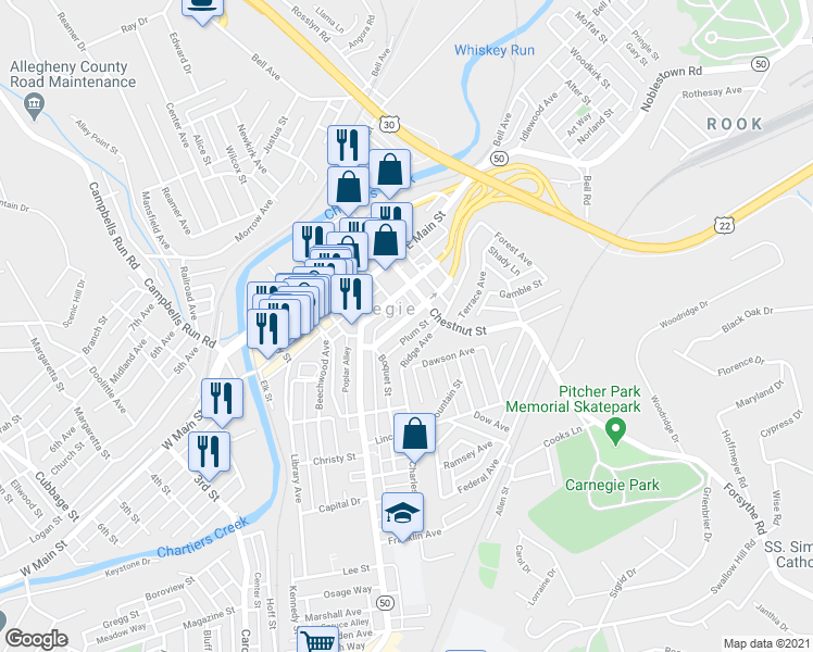 map of restaurants, bars, coffee shops, grocery stores, and more near 336 Academy Street in Carnegie