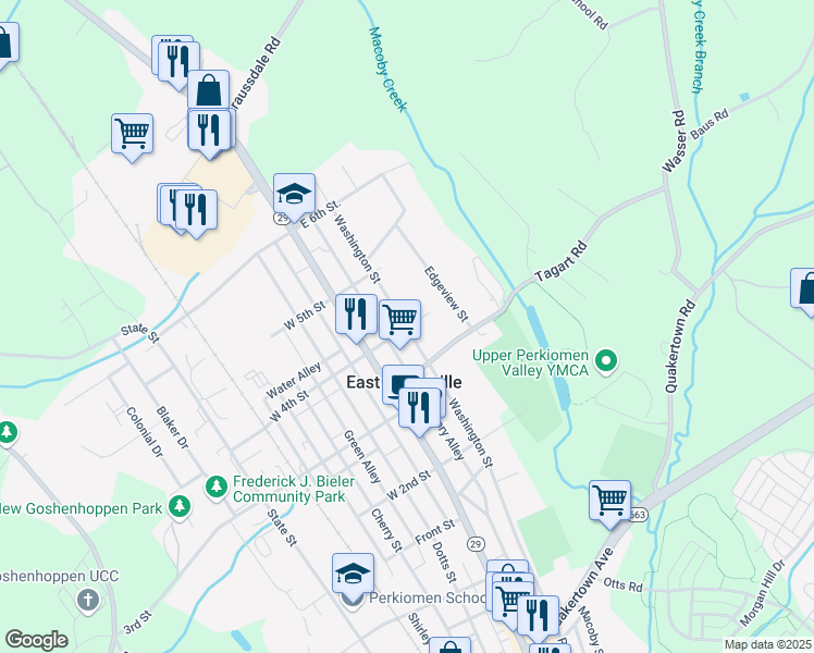 map of restaurants, bars, coffee shops, grocery stores, and more near 399 Washington Street in East Greenville