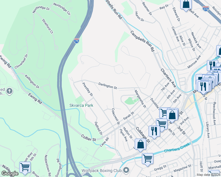 map of restaurants, bars, coffee shops, grocery stores, and more near 766 Darlington Street in Carnegie