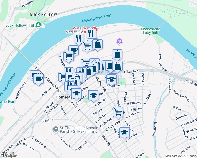 map of restaurants, bars, coffee shops, grocery stores, and more near 412 East 8th Avenue in Munhall
