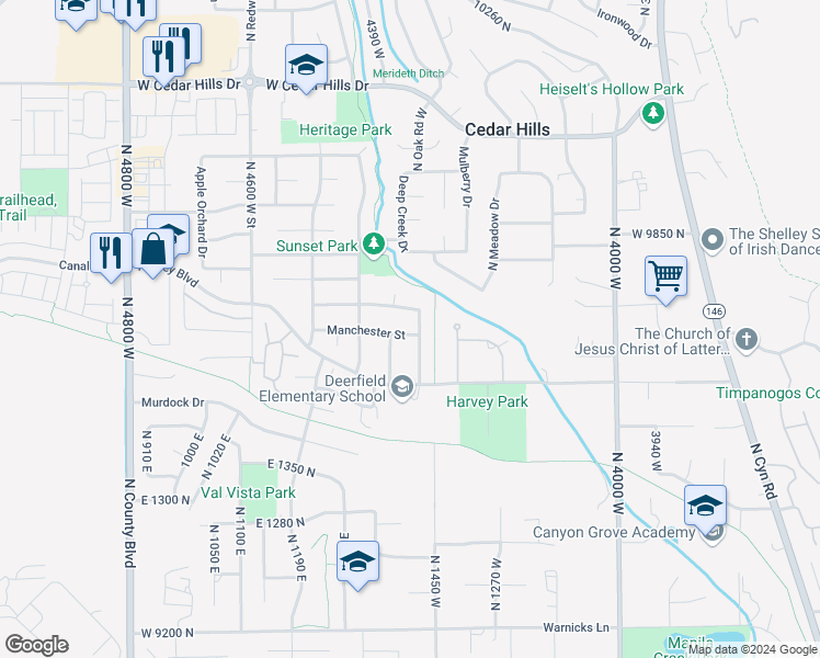 map of restaurants, bars, coffee shops, grocery stores, and more near 4336 Manchester Street in Cedar Hills