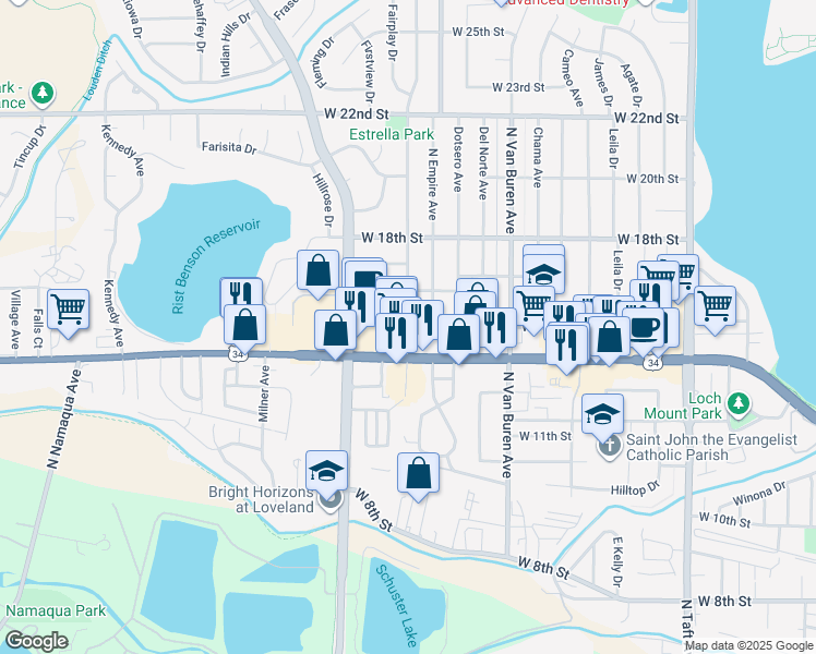 map of restaurants, bars, coffee shops, grocery stores, and more near 3601 West 15th Street in Loveland