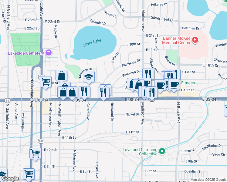 map of restaurants, bars, coffee shops, grocery stores, and more near 902 Redwood Drive in Loveland