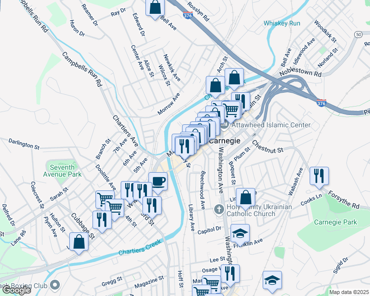 map of restaurants, bars, coffee shops, grocery stores, and more near 208 Pine Street in Carnegie