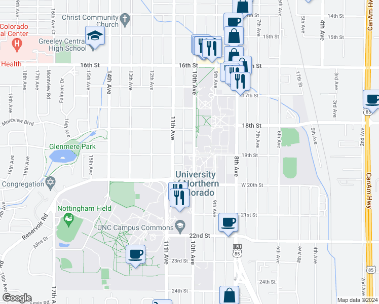 map of restaurants, bars, coffee shops, grocery stores, and more near 1017 19th Street in Greeley