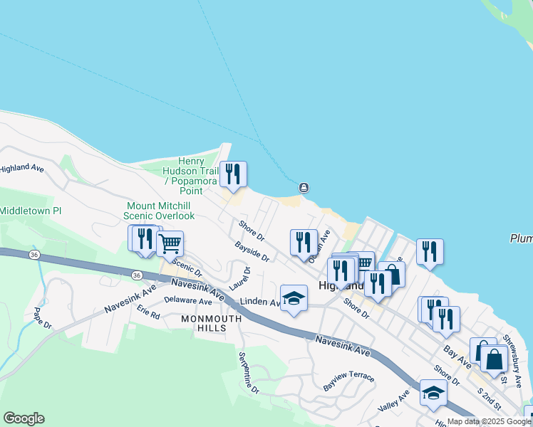 map of restaurants, bars, coffee shops, grocery stores, and more near 326 Shore Drive in Highlands