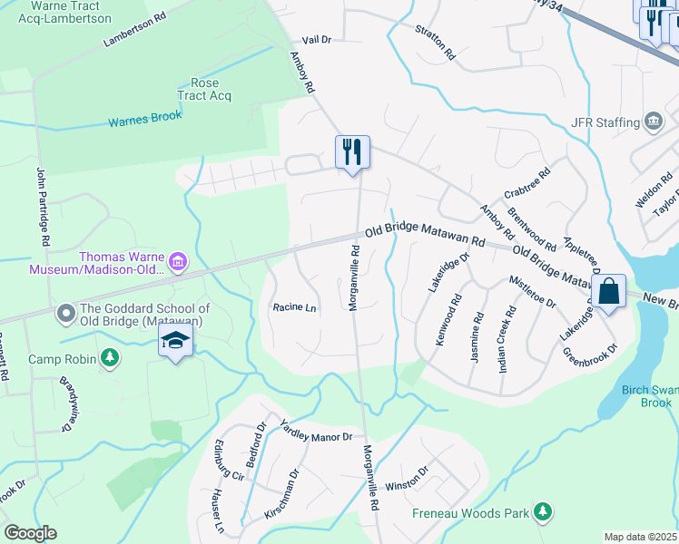 map of restaurants, bars, coffee shops, grocery stores, and more near 9 Duchess Court in Matawan