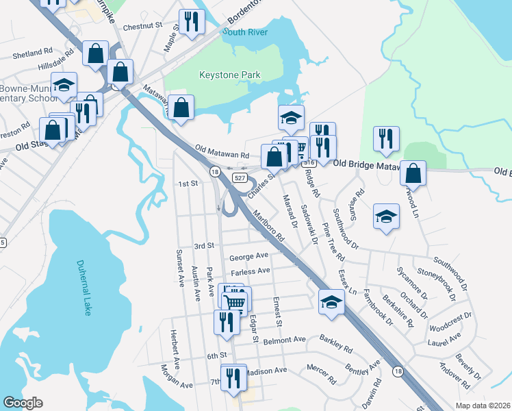 map of restaurants, bars, coffee shops, grocery stores, and more near 118 Marlboro Road in Old Bridge