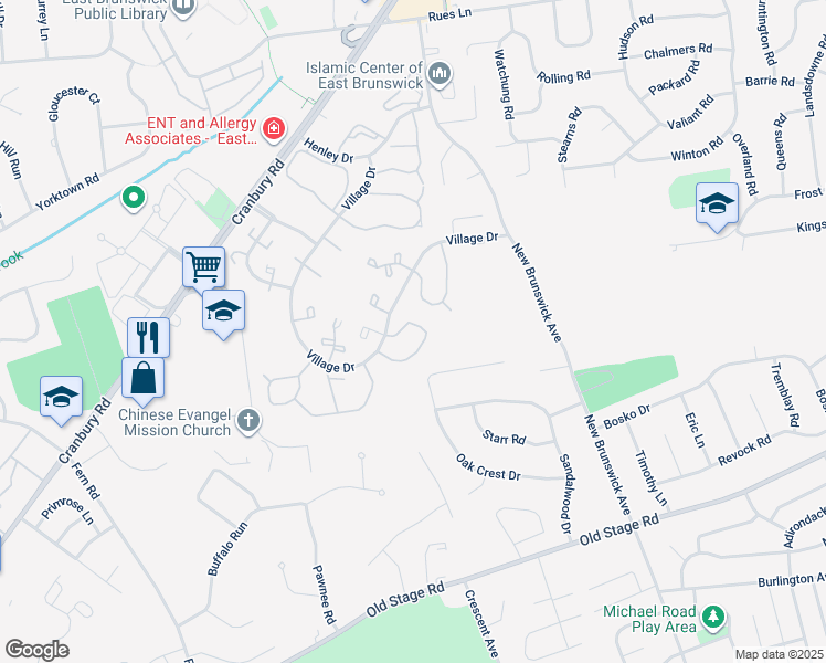 map of restaurants, bars, coffee shops, grocery stores, and more near 301 Palombi Court in East Brunswick