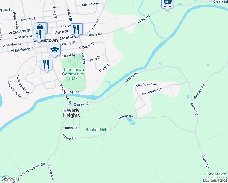 map of restaurants, bars, coffee shops, grocery stores, and more near 2324 Quarry Road in Lebanon