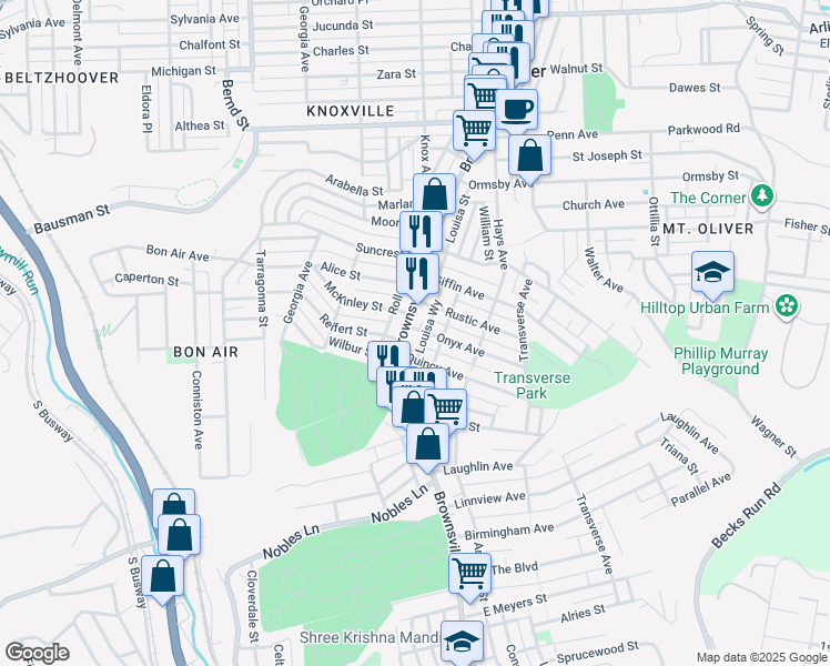 map of restaurants, bars, coffee shops, grocery stores, and more near 101 Onyx Avenue in Pittsburgh