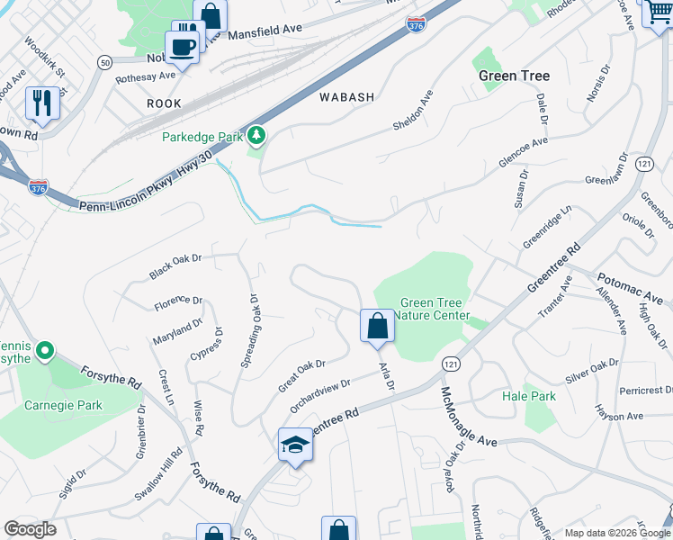 map of restaurants, bars, coffee shops, grocery stores, and more near 176 Arla Drive in Pittsburgh