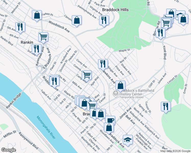 map of restaurants, bars, coffee shops, grocery stores, and more near 647 4th Street in Braddock