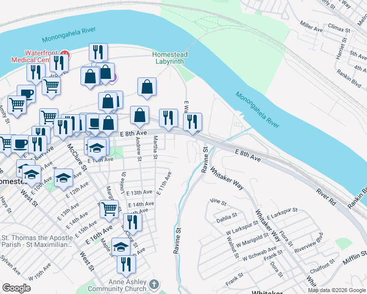 map of restaurants, bars, coffee shops, grocery stores, and more near 26 Harrison Street in Munhall
