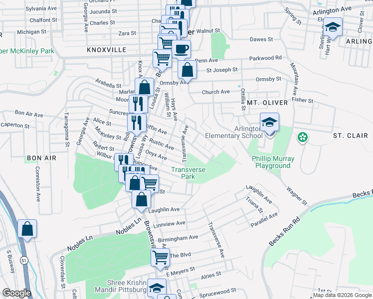 map of restaurants, bars, coffee shops, grocery stores, and more near 500 Giffin Avenue in Pittsburgh
