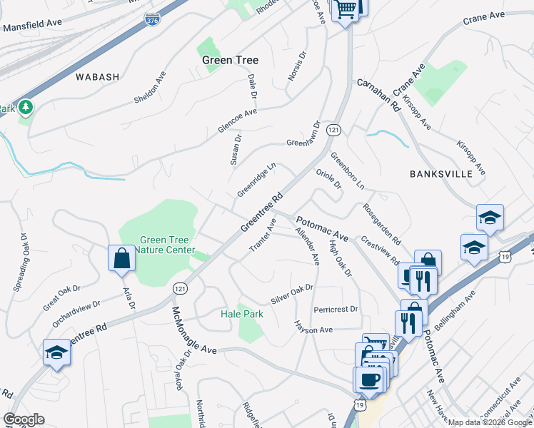 map of restaurants, bars, coffee shops, grocery stores, and more near 1152 Greentree Road in Pittsburgh