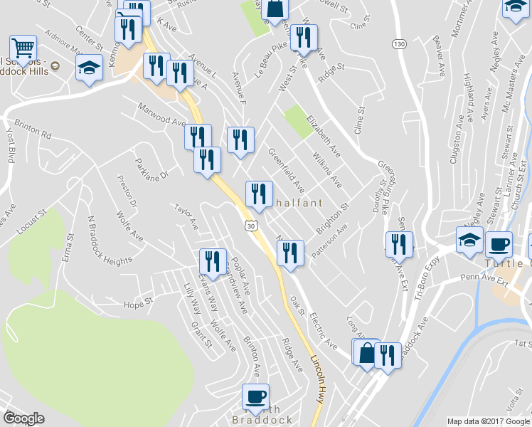 map of restaurants, bars, coffee shops, grocery stores, and more near 218 North Avenue in East Pittsburgh