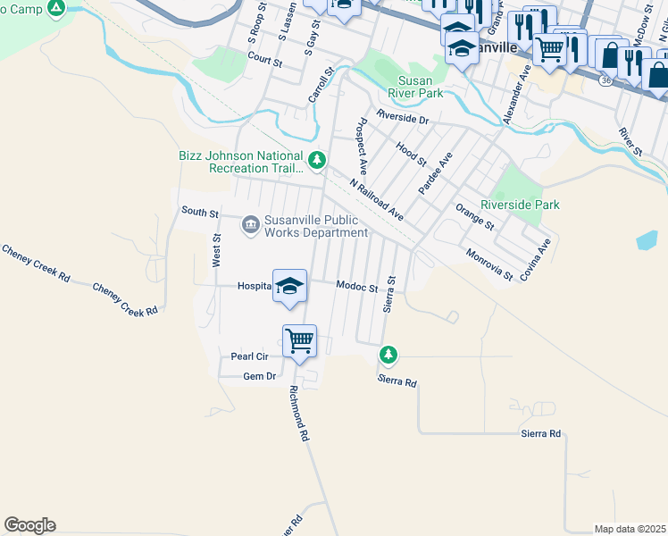 map of restaurants, bars, coffee shops, grocery stores, and more near 728 Plumas Street in Susanville
