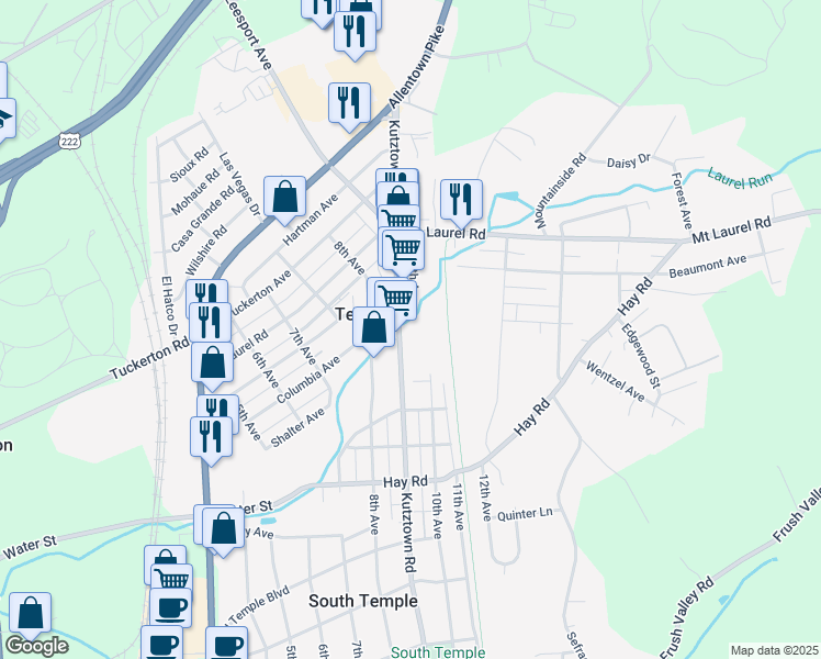 map of restaurants, bars, coffee shops, grocery stores, and more near 4853 Kutztown Road in Temple