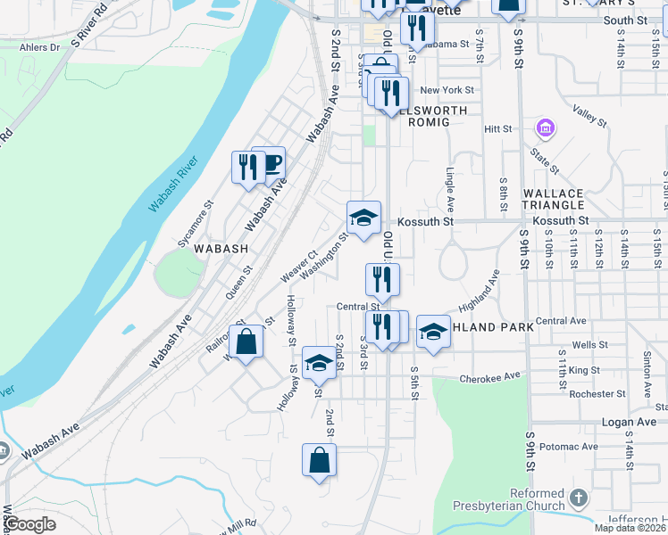 map of restaurants, bars, coffee shops, grocery stores, and more near 821 South 2nd Street in Lafayette