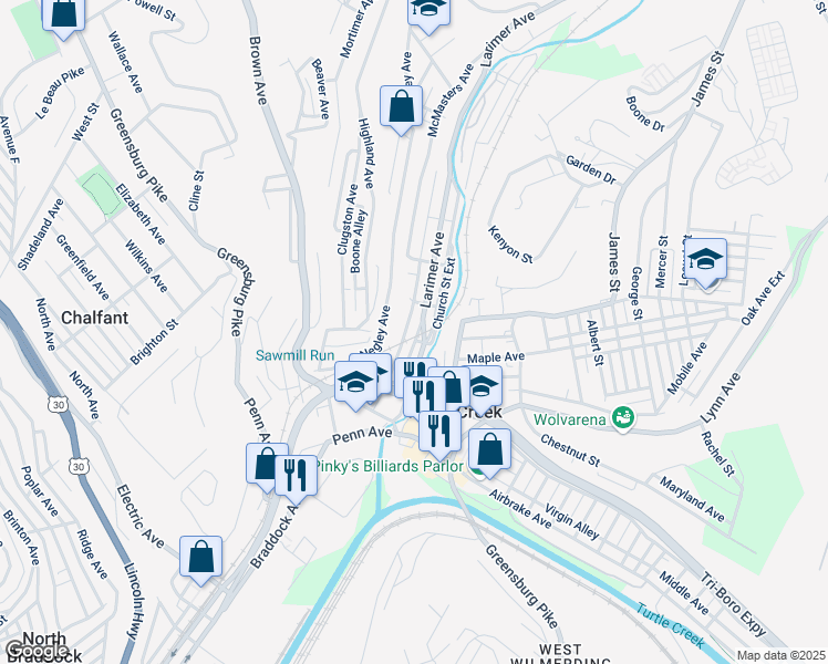 map of restaurants, bars, coffee shops, grocery stores, and more near 363 Larimer Avenue in Turtle Creek
