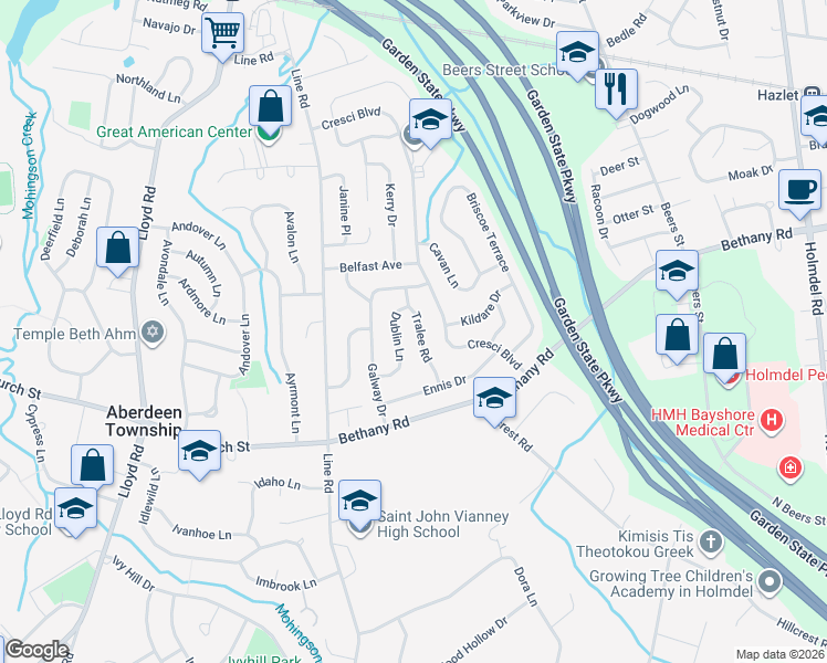 map of restaurants, bars, coffee shops, grocery stores, and more near 76 Cresci Boulevard in Hazlet