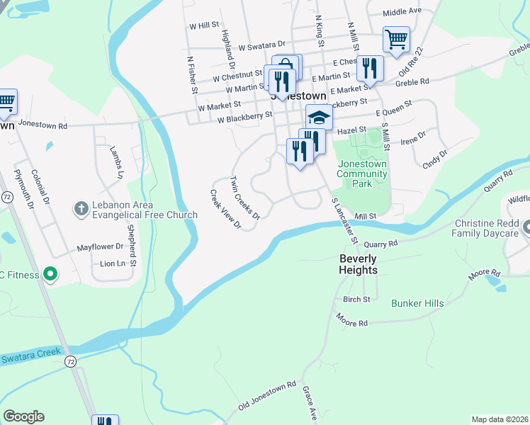 map of restaurants, bars, coffee shops, grocery stores, and more near 132 Twin Creeks Drive in Jonestown