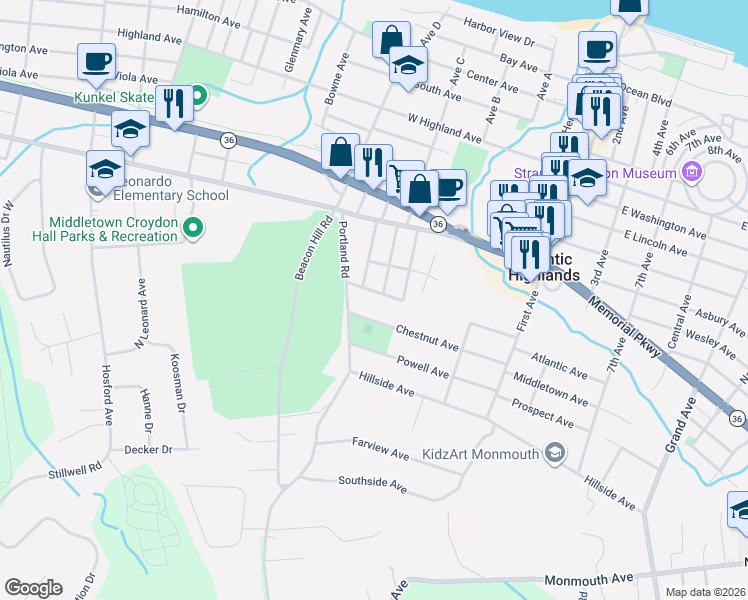 map of restaurants, bars, coffee shops, grocery stores, and more near 123 Oakland Avenue in Atlantic Highlands