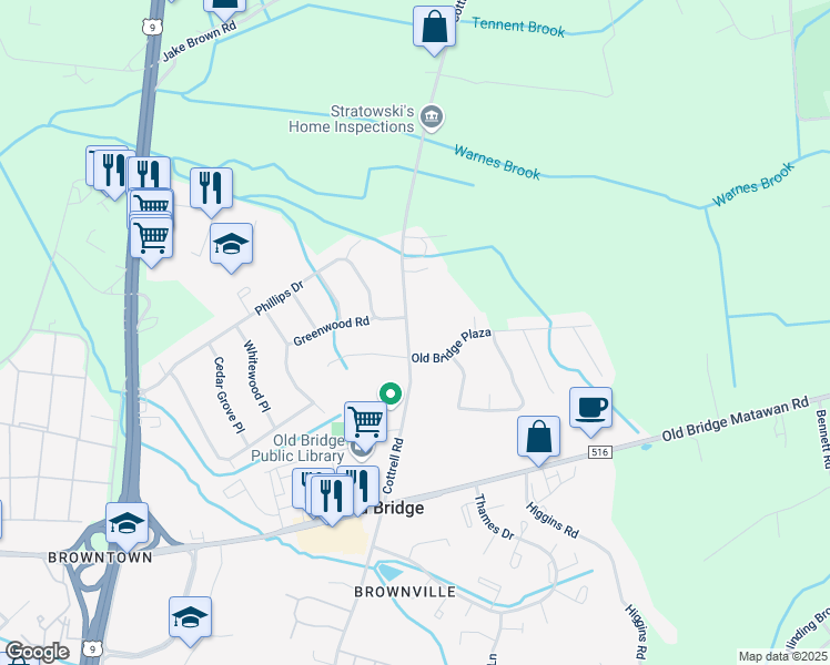 map of restaurants, bars, coffee shops, grocery stores, and more near 269 Cottrell Road in Matawan