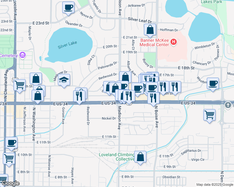 map of restaurants, bars, coffee shops, grocery stores, and more near 1421 Madison Avenue in Loveland