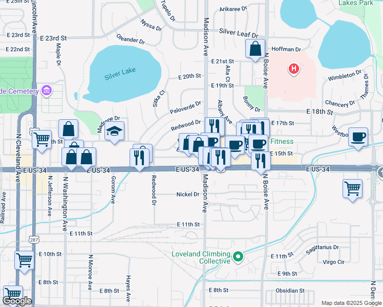 map of restaurants, bars, coffee shops, grocery stores, and more near 1118 East 15th Street in Loveland