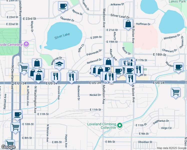 map of restaurants, bars, coffee shops, grocery stores, and more near 1118 East 15th Street in Loveland