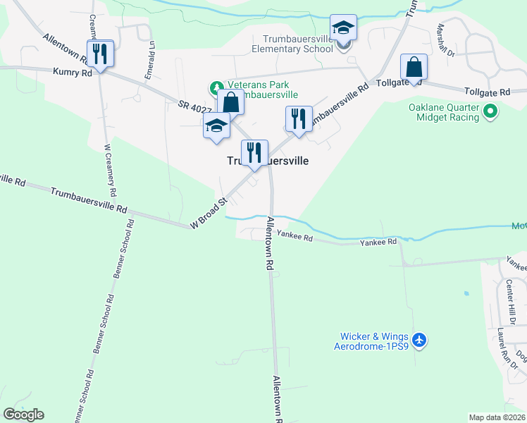 map of restaurants, bars, coffee shops, grocery stores, and more near 34 Main Street South in Trumbauersville