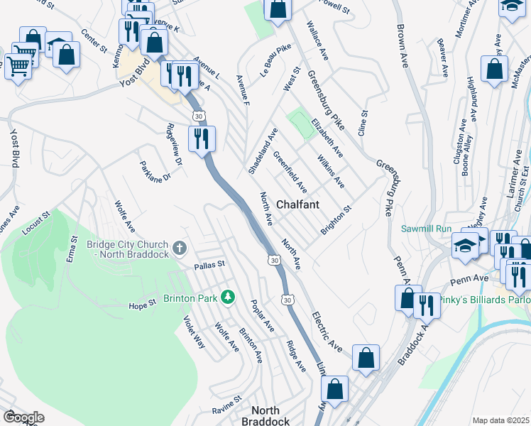map of restaurants, bars, coffee shops, grocery stores, and more near 218 North Avenue in East Pittsburgh