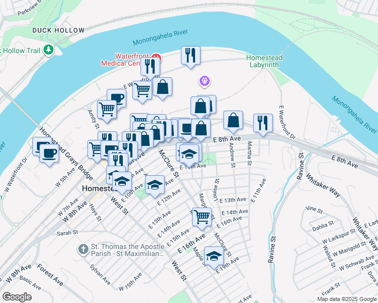 map of restaurants, bars, coffee shops, grocery stores, and more near 510 East 8th Avenue in Munhall