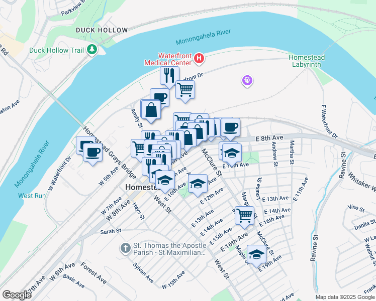 map of restaurants, bars, coffee shops, grocery stores, and more near 341 Pennsylvania 837 in Homestead