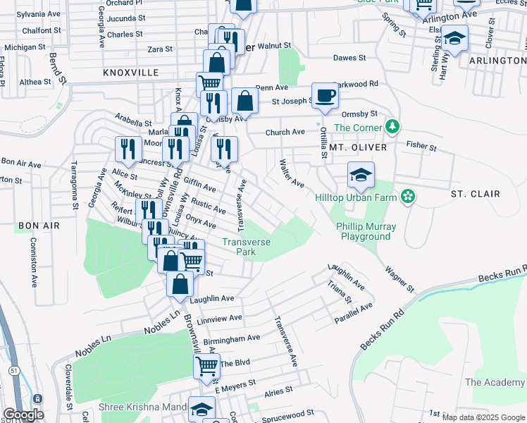 map of restaurants, bars, coffee shops, grocery stores, and more near 500 Giffin Avenue in Pittsburgh