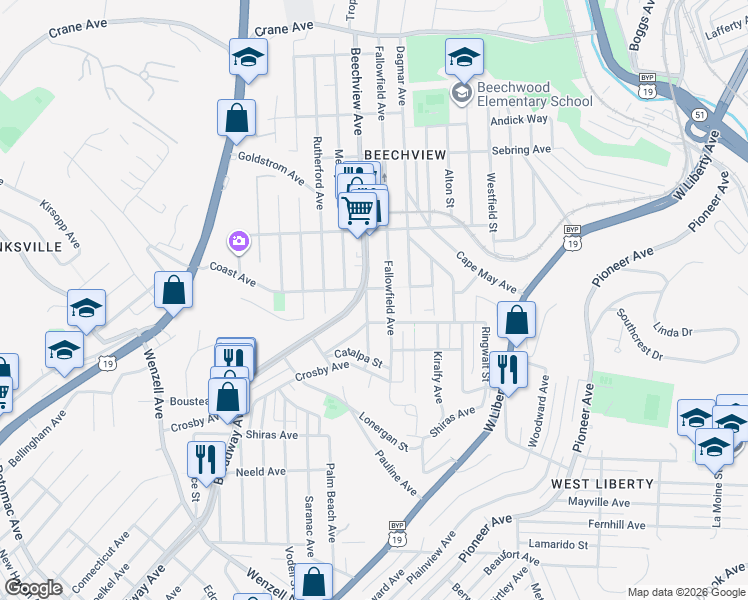 map of restaurants, bars, coffee shops, grocery stores, and more near 1700 Broadway Avenue in Pittsburgh